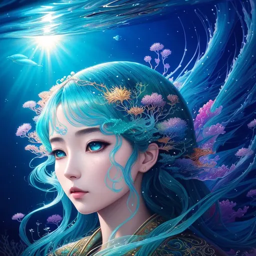 Prompt: painting of a water spirit, ocean, seaweed, intricate, hyperdetailed, painting by Ekaterina Savic, yoshitaka amano, fantasy art, movie poster, celestial, vaporwave, ethereal, sun rays, fireflies, lighting 8k