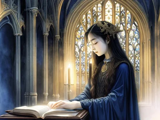 Prompt: (portrait) A beautiful student girl with a shockingly beautiful face prays for better exam results in the Gothic chapel of Dark Academia. (lighting: from above, diffused, with moonlight) - Luis Royo dark blue ink, gold watercolor, precise, detailed work.