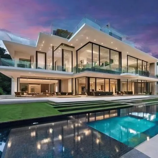 Prompt: an elegant, luxury house with 3 floors and tall glass windows. The house has 3 floors with an infinity pool.