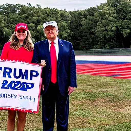 Prompt: Trump and Marjorie Taylor Greene shown cheering together, holding hands, with a Trump Greene 2024 logo showing on a MAGA hat