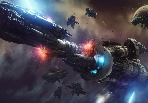 Prompt: spacemen vs aliens  explosions  action wreck spaceship ancient