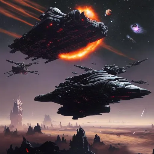 Prompt: a dark sinister space battle ship high above a distant planet