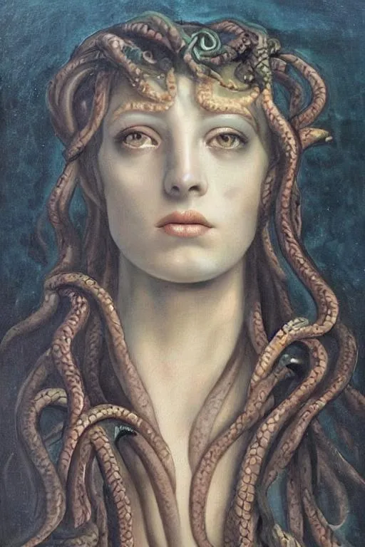 Prompt: hauntingly beautiful Portrait of Medusa in the style of Raphael but a bit softer and more romantic . Rendered in oil with vivid detail, symbolism and loose brushstrokes. The color palette and composition should include muted colors, luminosity and depth. Medusa should be beautiful with Grecian features, the snakes should also be very beautifully rendered with detailed but subtle scales 