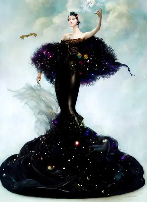 Prompt: A  beautiful ball dancer woman, wearing a dress made of glowing  clouds, hyper detailed art, exquisitely ethereal, beautiful, clear, high-quality, colorful art ethereal, pour painting by Tom Bagshaw,  anna Dittmann and Rosalba Carriera , detailed, colorful, Briton Rivière, Bruce Pennington, portrait art of beautiful person, fantasy character art, shimmer, glow, high definition, crisp quality, cinematic smooth, cinematic lighting, ethereal