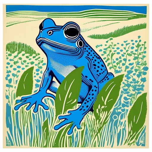 Prompt: A blue FROG sitting in a field of weed farm and small green buds blowing through the wind, pastel colors , andy warhol , woodblock print by Hokusai