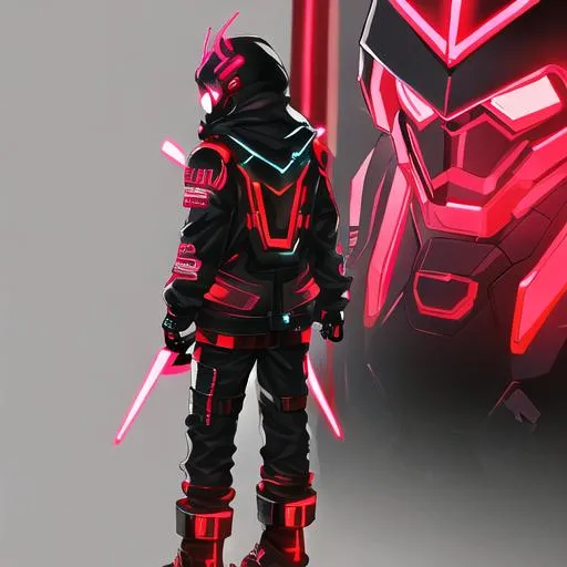 Prompt: Male character, black but red neon gas mask, cyber netrunner hood (black but neon red), neon red Sword In its Back, Red Mecha Cyber Jacket, black jeans, red shoes