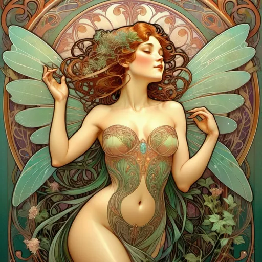Prompt: Alphonse Mucha style, art nouveau illustration, full body bare breasted woman, fairy wings made of mentha spicata, feeling pleasure, thick lines, intricate details, beautiful colors, high quality, art nouveau, detailed wings, elegant, intricate linework, vibrant colors, graceful pose, professional, atmospheric lighting