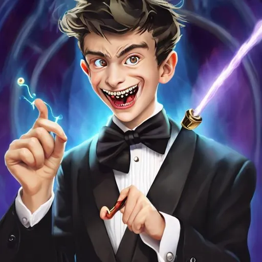 Prompt: 16 year old boy magician boy in a tuxedo with an evil grin holding his magic wand in a threatening manner ready to cast a spell with it