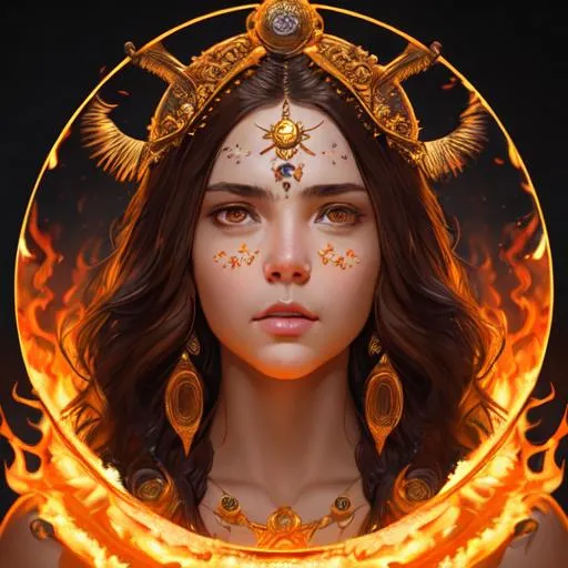 Prompt: Portrait of a sun goddess with brown hair and with cute face,  highly detailed, symmetrical face, fire vibes, perfect composition, hyperrealistic, super detailed, 8k, high quality, trending art, trending on artstation, sharp focus, studio photo, intricate details, highly detailed, by greg rutkowski
