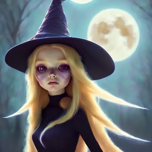 Prompt: witch, long blonde hair, witch hat, magic, cute, aesthetic, fairycore, disney, pixar, moon, stars, witchcraft, starry sky, beautiful, forest, sweet, rpg, award winning illustration, artstation, highres, realistic