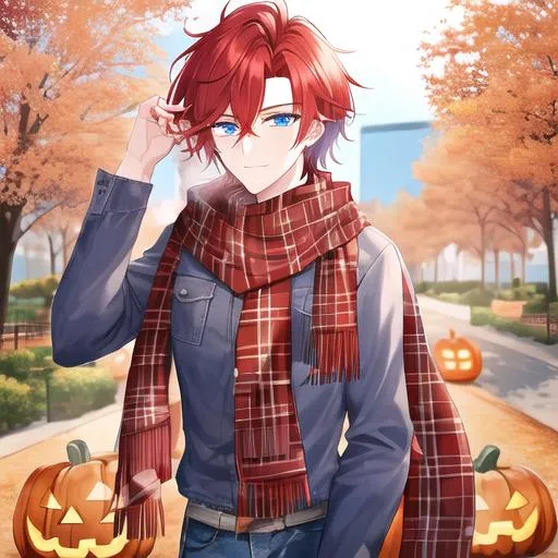 Prompt: Zerif 1male (Red side-swept hair covering his right eye, blue eyes), highly detailed face, wearing a cozy flannel shirt and a pair of stylish jeans. In the park, fall.  wearing a scarf, looking up at the sky, in a pumpkin patch, adult. Handsome,  detailed, UHD, HD, 4K, highly detailed, red haze, masculine, anime style