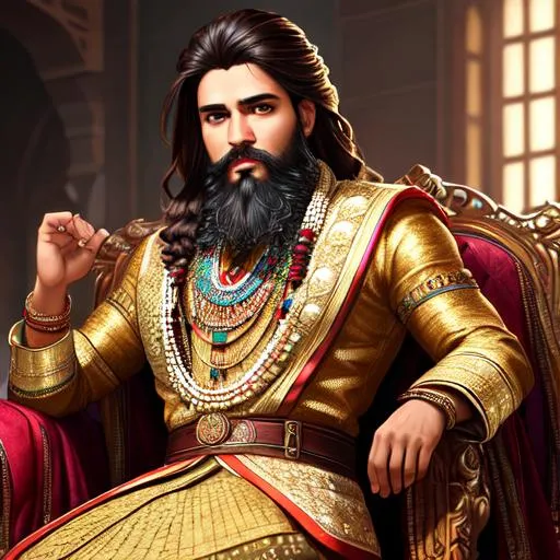 Prompt: Mislim Young mughal king sitting on chair, braided dark brown hair, Beard,brown eyes, smooth forehead, symmetrical, highly detailed body, perfect composition, hyperrealistic, super detailed, 8k, high quality, Splash art, front, epic Instagram, artstation, hyperdetailed intricately detailed, unreal engine, intricate detail, complementary colors, 8k, heavy strokes, full height, full body,