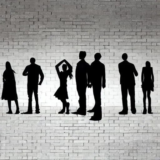 Prompt: make a silhouette of 6 men and 1 woman in front of a school 

