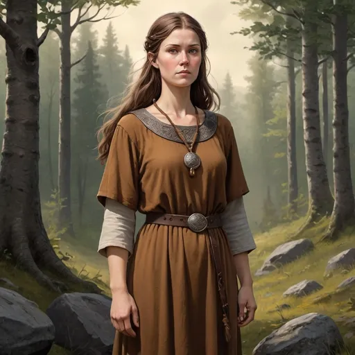 Prompt: The viking girl's mother has brown hair tinged with grey. She is wearing a long brown tunic with short sleaves. She has an amber amulet round her neck.  She is standing on the edge of a forest