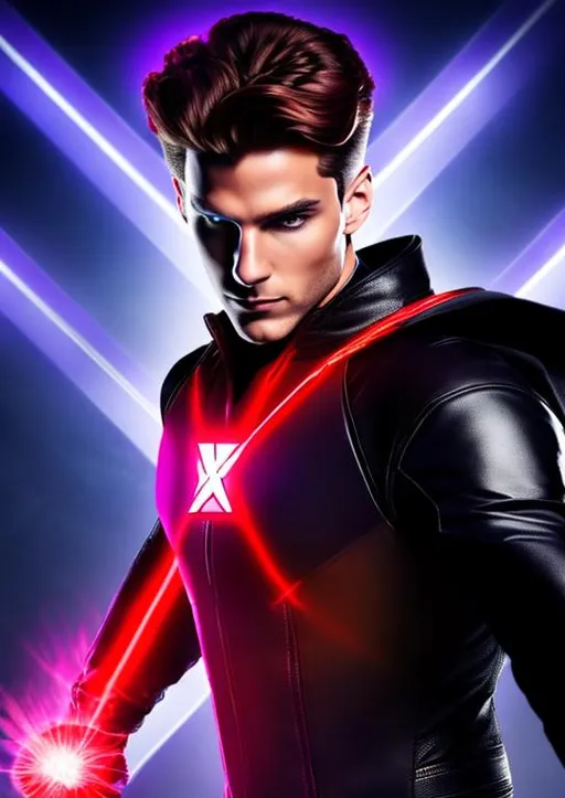 Prompt: High-resolution hyperrealistic photo of x-man remy lebeau merged with x-man scott summers, {red glowing eyes}, fighting staff, black and purple costume, leather coat, tall boots, uhd, hdr, 64k