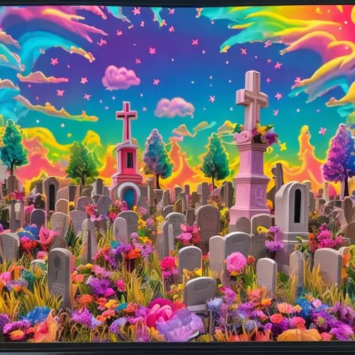 Prompt: Lisa frank style cemetery diorama