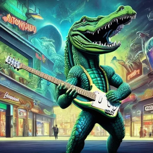 Prompt: Bodybuilding Alligator playing guitar for tips in a busy alien mall, widescreen, infinity vanishing point, galaxy background