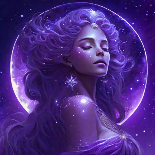 Prompt: Moon goddess, celestial, 4k detail, ethereal beauty, purple aura, starry skies