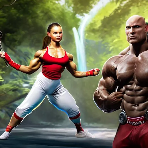 Prompt: a fit muscular female bodybuilder greta thunberg vs. a bald ripped very muscular bald Andrew Tate on the mortal kombat stage, 2d video game, fighting computer game, mortal kombat style, best quality, hdr, 4k, 16k, detailed masterpiece, detailed composition, full-body shot, created using 3DS Max, AppGameKit, and Behance HD.