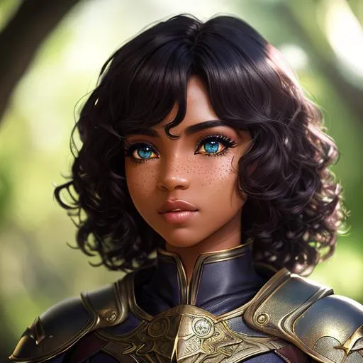 Prompt: cinematic shot, elf, dnd, cleric,  detailed face, detailed eyes, full eyelashes, detailed interior, ultra detailed accessories, short curly hair, bangs, freckles, dark skin, 

((sunshine, very strong sunlight on face, cinematic lighting, volumetric lighting, beautiful shading, head light, back light, natural light, ray tracing, symmetrical)), (((masterpiece, professional, professional illustration))), Fantasy style,

UDR, HDR, 64k, masterpiece