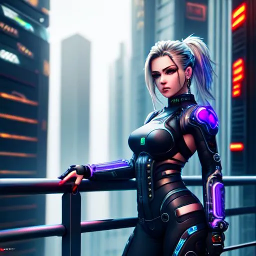 Prompt: {Caucasian} female, heavy {cyberpunk} body modifications, leaning against railing, in a futuristic dystopian city, highly detailed face, highly detailed hands, highly detailed body, highly detailed background, vivid colors, high contrast, hyper realistic, 8k, 