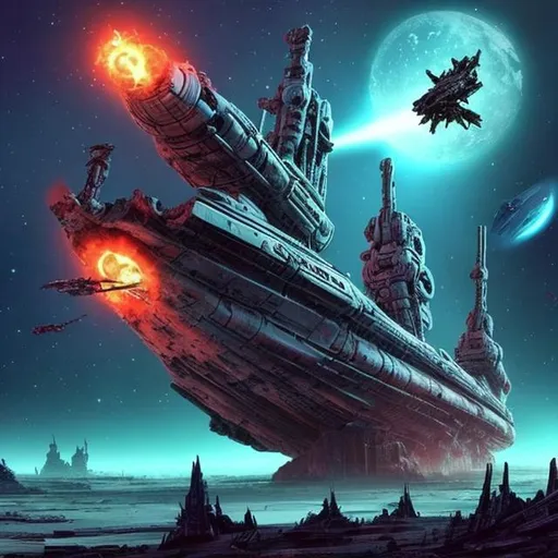 Prompt: star ship wrecks rotting ancient war dead planet dead robots body's battle many colours space skeleton crew long dead 