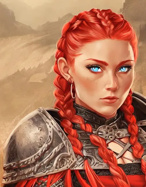 Prompt: Digital art, woman viking, red hair, cornrow braids, blue eyes, black gear, black armor
