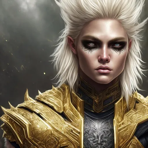 Prompt: A short blonde haired warrior with gold eyes + Man + Macho + Full HD render + immense detail + dramatic lighting + well lit + black, character sheet, + fine esoteric symbolism | ultra - detailed realism, soft cinematic lighting, high - quality, engraved | highly detailed |digital painting, artstation, concept art, smooth, sharp focus, Nostalgic, ethereal, nebula, 8k, hyper detailed, intricate detail, photorealistic, space void galaxy universe