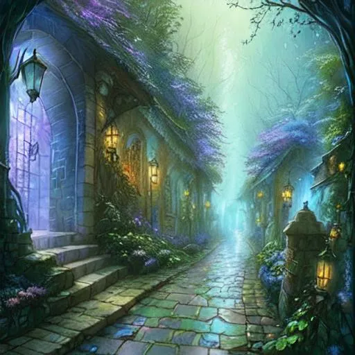 Prompt: Watercolor painting,   stone path, alleyway through a city street into a magical forest, 8k, fantasy art, mystical warm lighting, morning light at the end of the tunnel, misty,  wet on wet, shimmering, Josephine Wall, Daniel Merriam