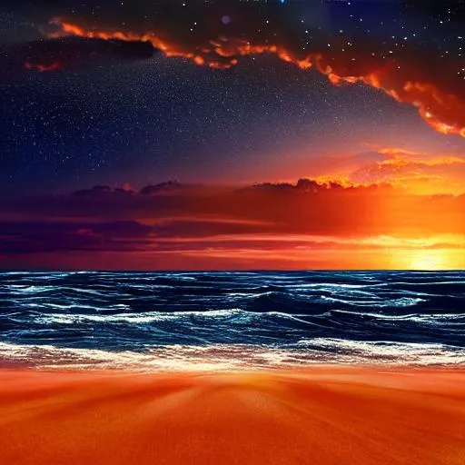 Prompt: stars falling, dark sky, over the sea, cresting waves, cinema, nebula, and stars in the background on horizon. Beautiful painting,8k, planets glowing in sunset, landscape
