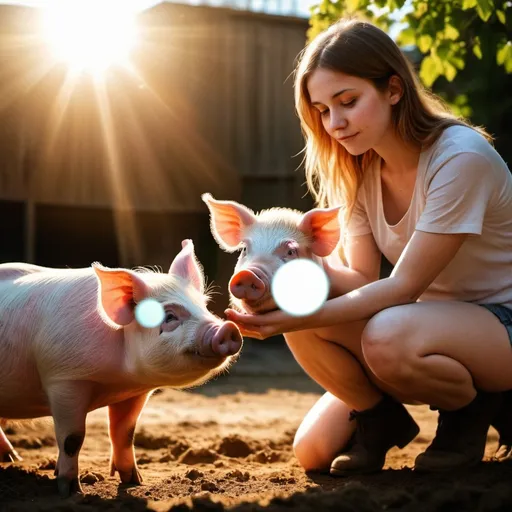 Prompt: a human and a pig in sunlight in a realistic photo style