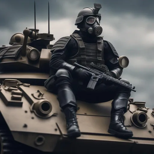 Prompt: A depression modern roman military male in black military roman armor, and gas mask, sitting on a tank, Hyperrealistic, sharp focus, Professional, UHD, HDR, 8K, Render, electronic, dramatic, vivid, pressure, stress, traumatic, dark.