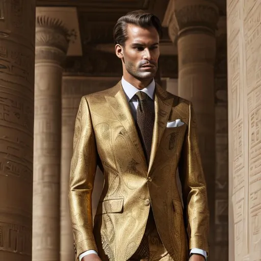 Prompt: A golden men's suit filled with pharaonic inscriptions blending with a modern cut of Italian elegance