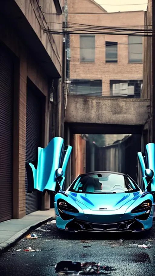 Prompt: McLaren 720s in light blue, in a dark forgotten trash filled alley way, no light coming in, with trash flying around, in the crack of dawn