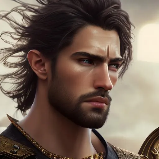 Prompt: (((UHD))), (((8k))), (((high quality))), ultra quality, cinematic lighting, hyperrealism, hyper-realistic, highly detailed face, highly detailed eyes, hair, warrior, fantasy, strong man, male, gorgeous male, intricately detailed portrait of a handsome character, full body, muscular