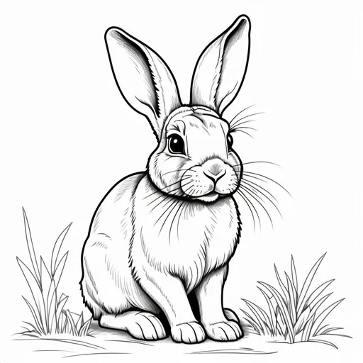 Prompt: create a simple, cute, but realistic, large, animal drawing of a rabbit
 with no shading in thick black outline, black lines only leaving space for kids to color in, include minimal landscaping relating to the animal. Drawings to be suitable for a kids coloring book ages 2-5, make sure not to use existing works.