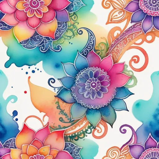 Prompt: Kawaii watercolor artistic patterns with Henna art inspired embellishments and Flourishes, bright vibrant colors, Highly detailed, popping vibrant colors, Gradient Colors, Intricate details, Highly textured