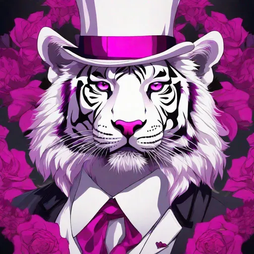 Prompt:  a massive rockstar white bengal tiger, with sharp fuchsia eyes. Human form. They identify as male,  Wearing a top hat, and they can be seen holding a weapon. Anime style. 