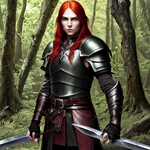 Prompt: young half elf warrior with beautiful but serious face, long light red hair and green eyes, wearing black leather armor wielding a greatsword standing in the woods in a fantasy setting