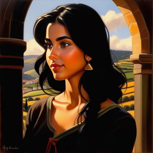 Prompt: Basque girl, olive skin, black hair, dark brown eyes, in Northern Spain, cartoony, sunny atmosphere, extremely detailed painting by Greg Rutkowski and by Henry Justice Ford and by Steve Henderson