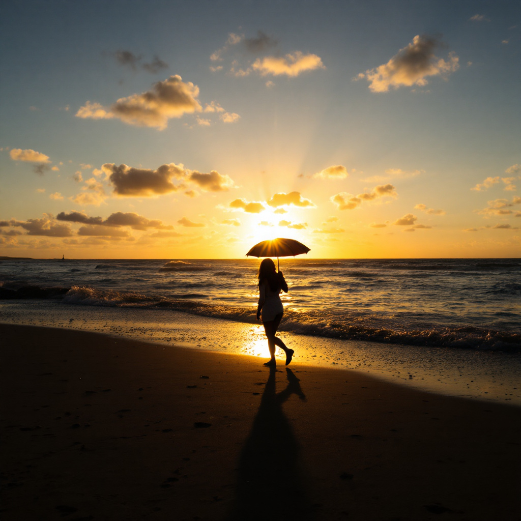 Prompt: person walking on beach with umbrella during sunset