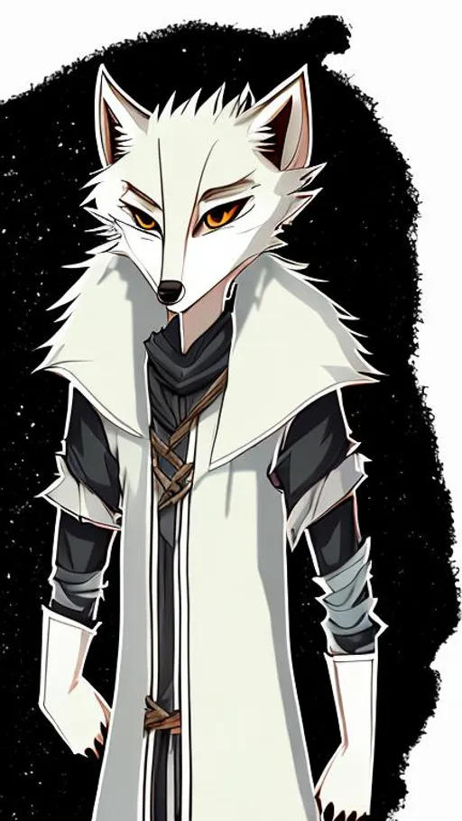 Prompt: An anime style illustration of a white anthropomorphic young,tall,skinny,serious,handsome male fox cub character with black pointy ears and hetechromia and dressing medieval druid clothes. Black empty background. 