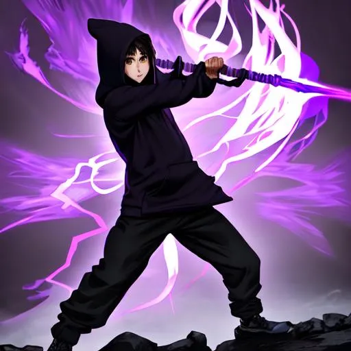 Prompt: Human being wearing a purple hoodie enshrouded by a thick black fog in a battle pose wielding a black bo-staff in one hand, manga style