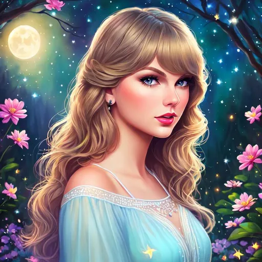Prompt: a young woman who looks like Taylor Swift, Disney style, moon, forest, flowers, nighttime, galaxy, soft light, art, painting, sweet, fireflies