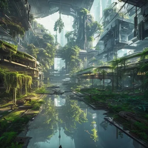 Prompt: Old abandoned Futuristic city overgrown with lush green plants reflection lake light bluse sky high resolution 8k