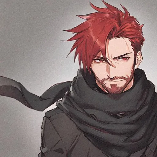 Prompt: a man with red hair and stubble, wearing a black, with a heart scarf