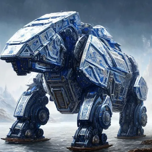 Prompt: full body picture of a four legged futuristic blue and white War Droid fully covered with gorgeous detailed blue and white plate armor, complex, detailed, 8K, Full HD, 

masterpiece photographic real digital ultra realistic hyperdetailed,  

soft focus, digital painting, oil painting, clean art, professional, colorful, rich deep color, concept art, CGI winning award, UHD, HDR, 8K, RPG, UHD render, HDR render, 3D render cinema 4D
