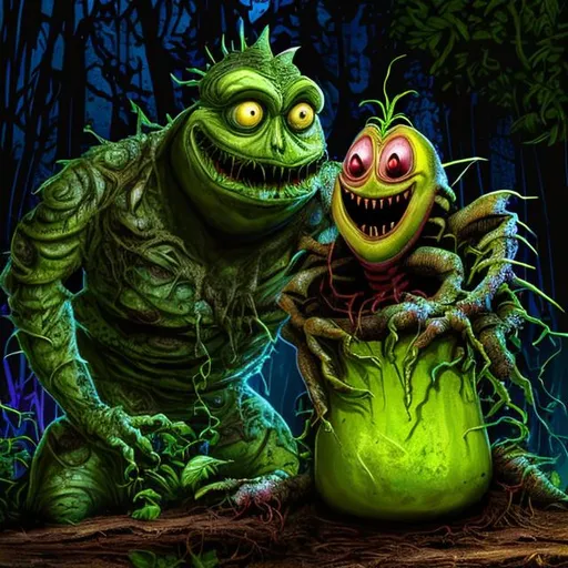 Prompt: Beetlejuice and Audrey II the plant hanging out together in the forest.
It is dark, but the lightening bugs light the path so they can see and laugh together.