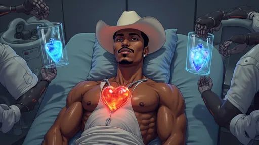 Prompt: @TRzJfEbYXKjmZAhFV8fB  lies unconscious on a chrome surgical slab, his chest opened with precision. A glowing blue heart sits in a glass container, fading. A red crystalline heart, wired with bio-circuits, is lowered into his chest by sleek robotic arms. Neon lights reflect off his white cowboy hat.