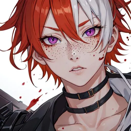 Prompt: Erikku male adult (short ginger hair, freckles, right eye blue left eye purple)  Highly detailed, insane detail, anime style, covered in blood, psychotic, pointing a shotgun straight at the camera